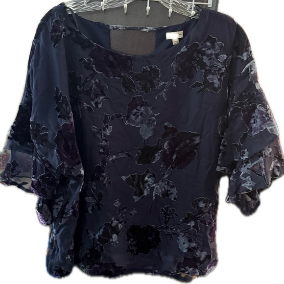 Lily White Black and Bluish Purple Velvet Top Floral blouse Ruffled Sleeves - Picture 2 of 13